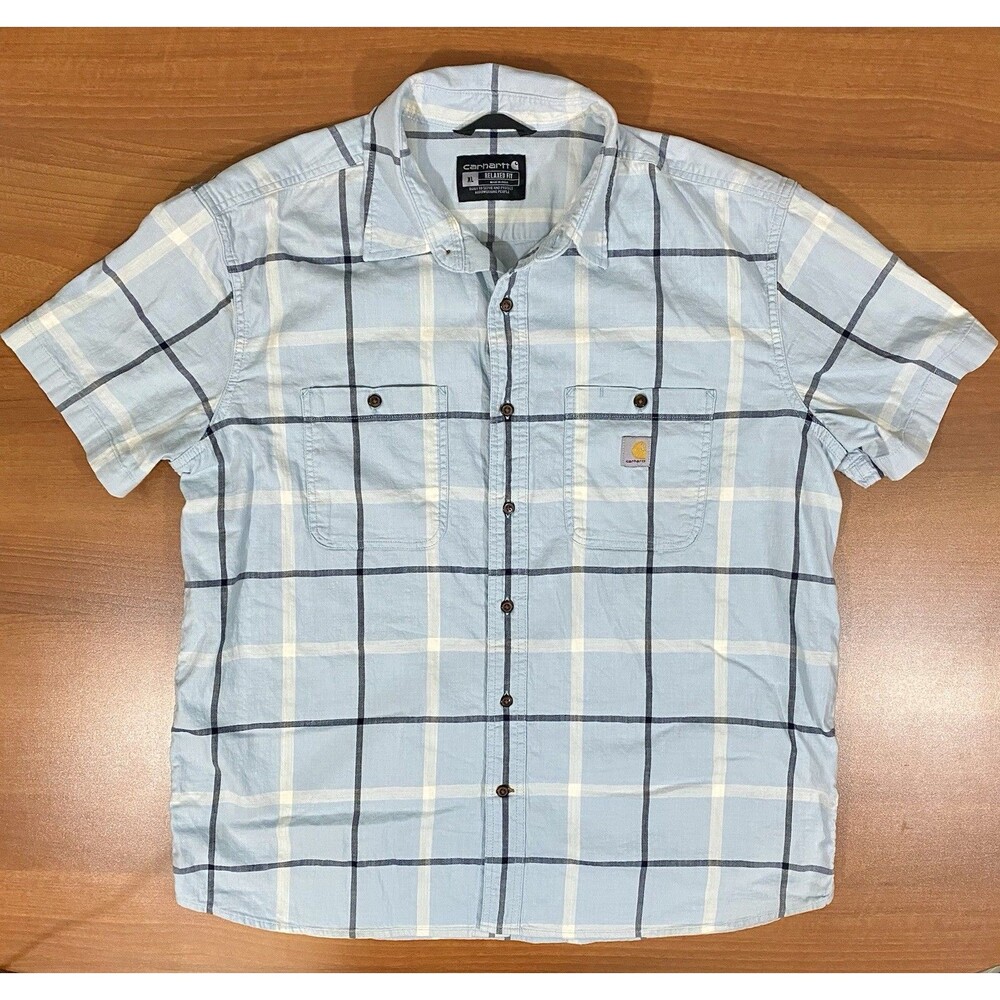 Carhartt Mens XL Relaxed Fit Shirt Blue Western Grid Work Short Sleeve